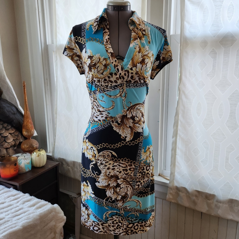 Cache Medium Short Sleeve Collared Stretchy Baroque Chains Dress Blue Gold